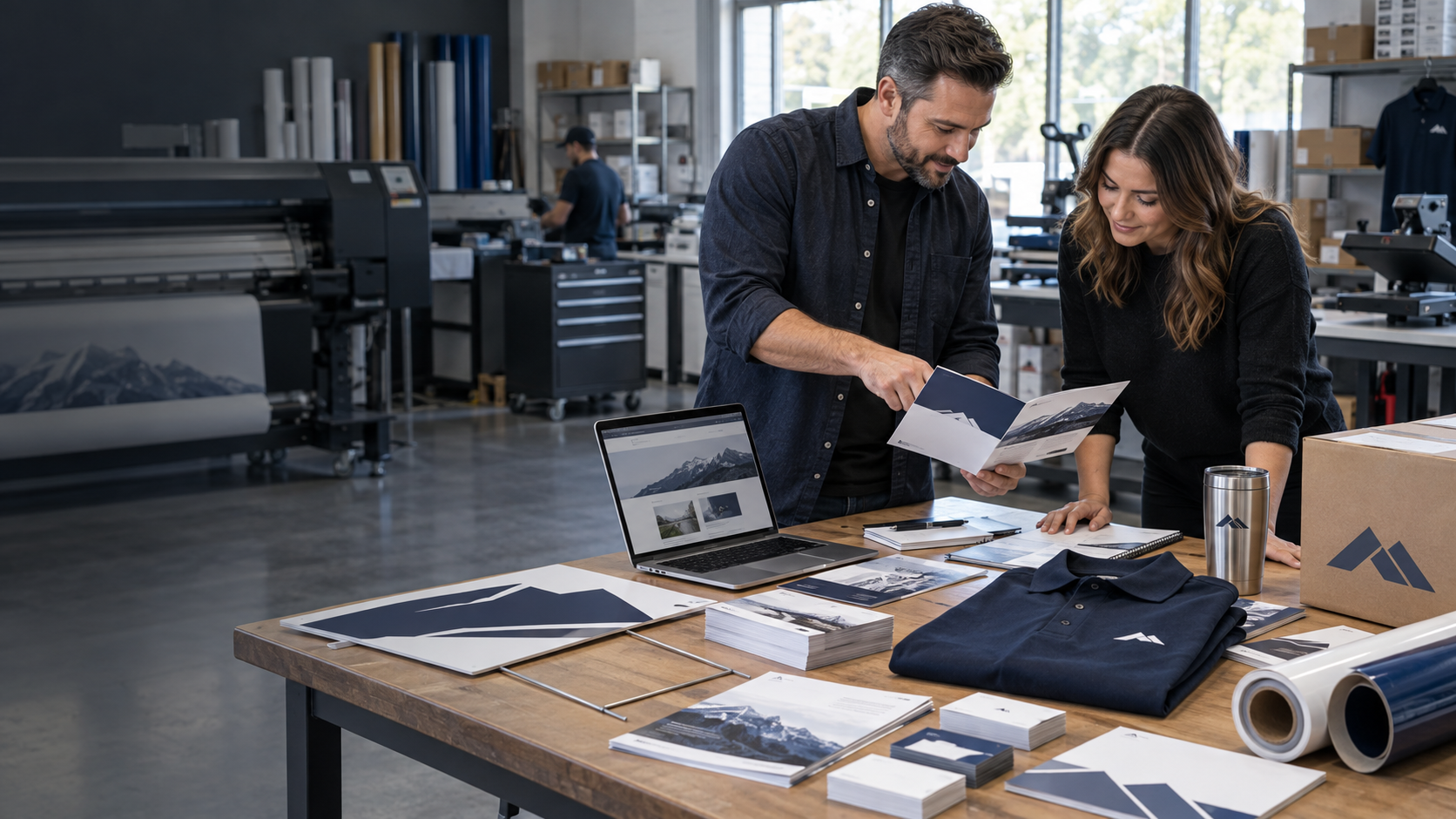 Creative professionals reviewing print, apparel, signage, and website materials